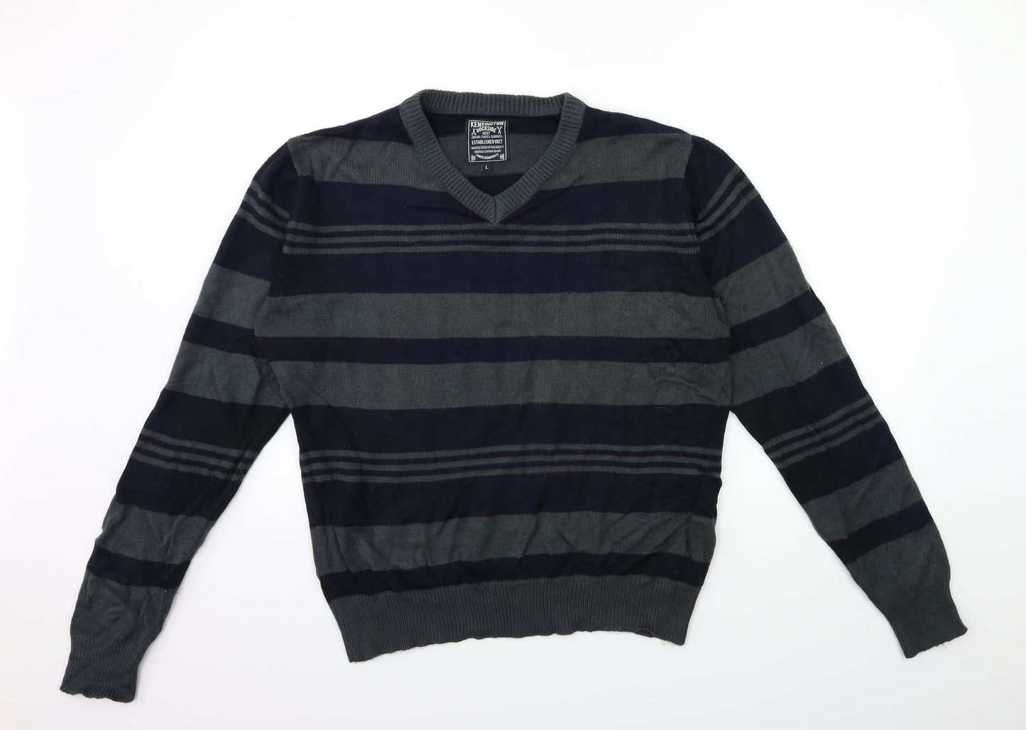 Kensington Mens Grey Striped Knit Pullover Jumper Size L