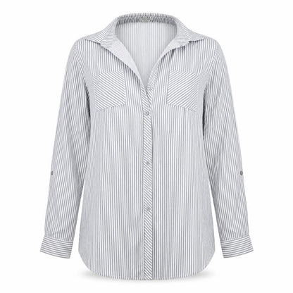 Pasport Womens Grey Striped  Basic Button-Up Size L