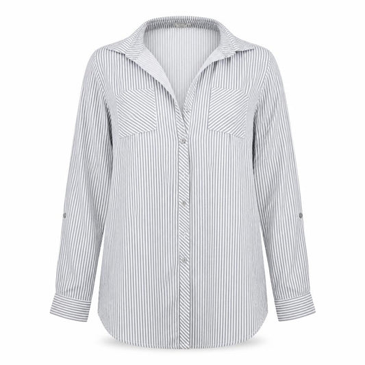 Pasport Womens Grey Striped  Basic Button-Up Size L