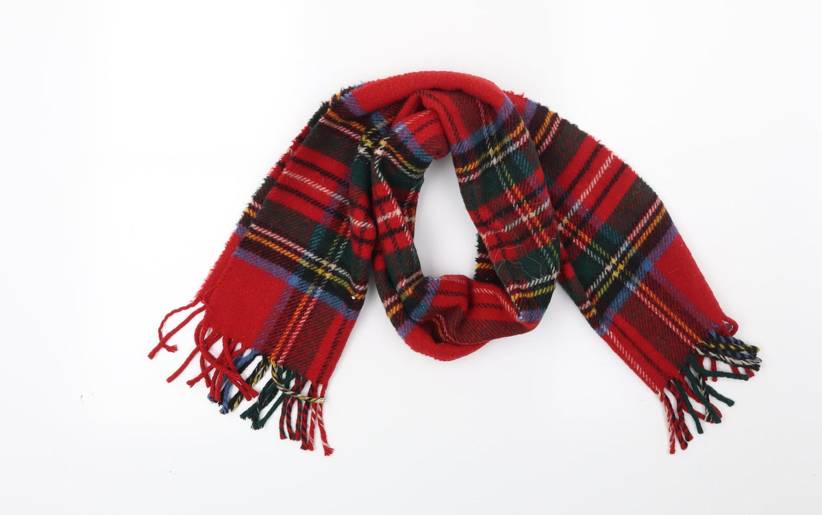 Front view of Preworn unisex red check scarf