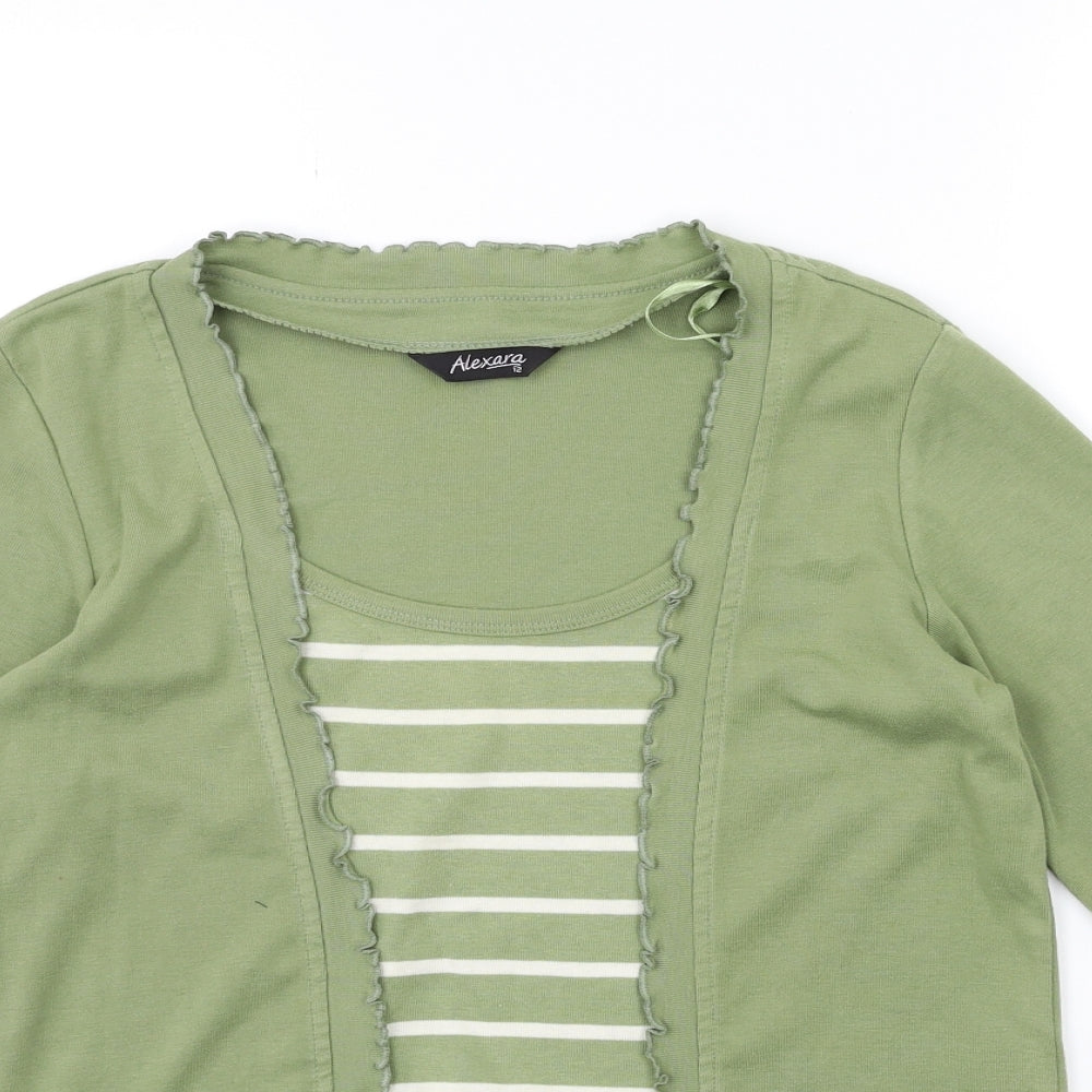 ALEXARA Womens Green Striped  Basic T-Shirt Size 12