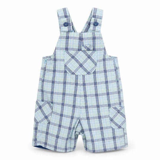 Front view of George boys’ blue plaid dungaree one-piece, size 3-6, months