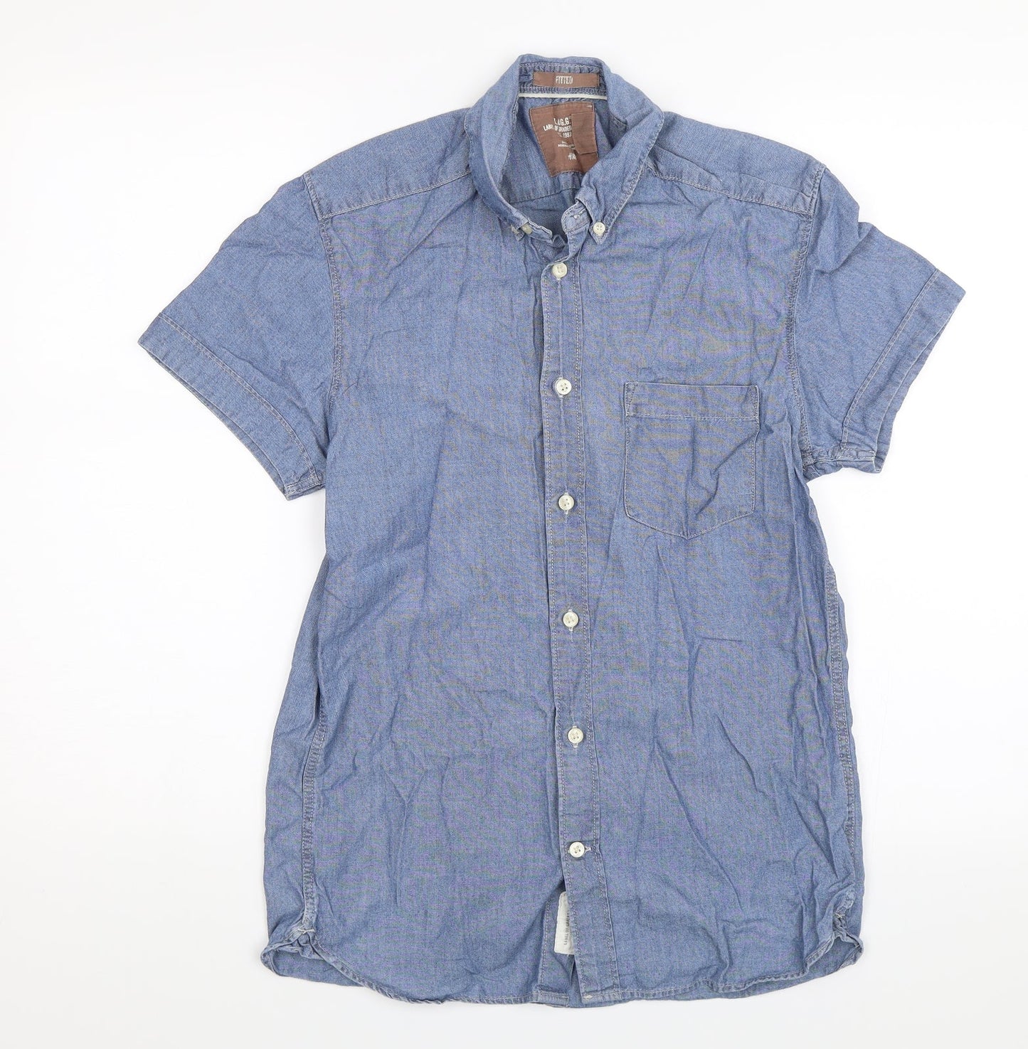 Mens UK Size S H&M Blue  Button-Up Short Sleeve Casual Shirt