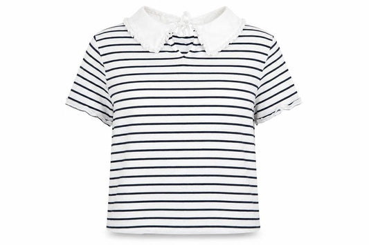 Front view of very women’s white striped basic blouse, size M
