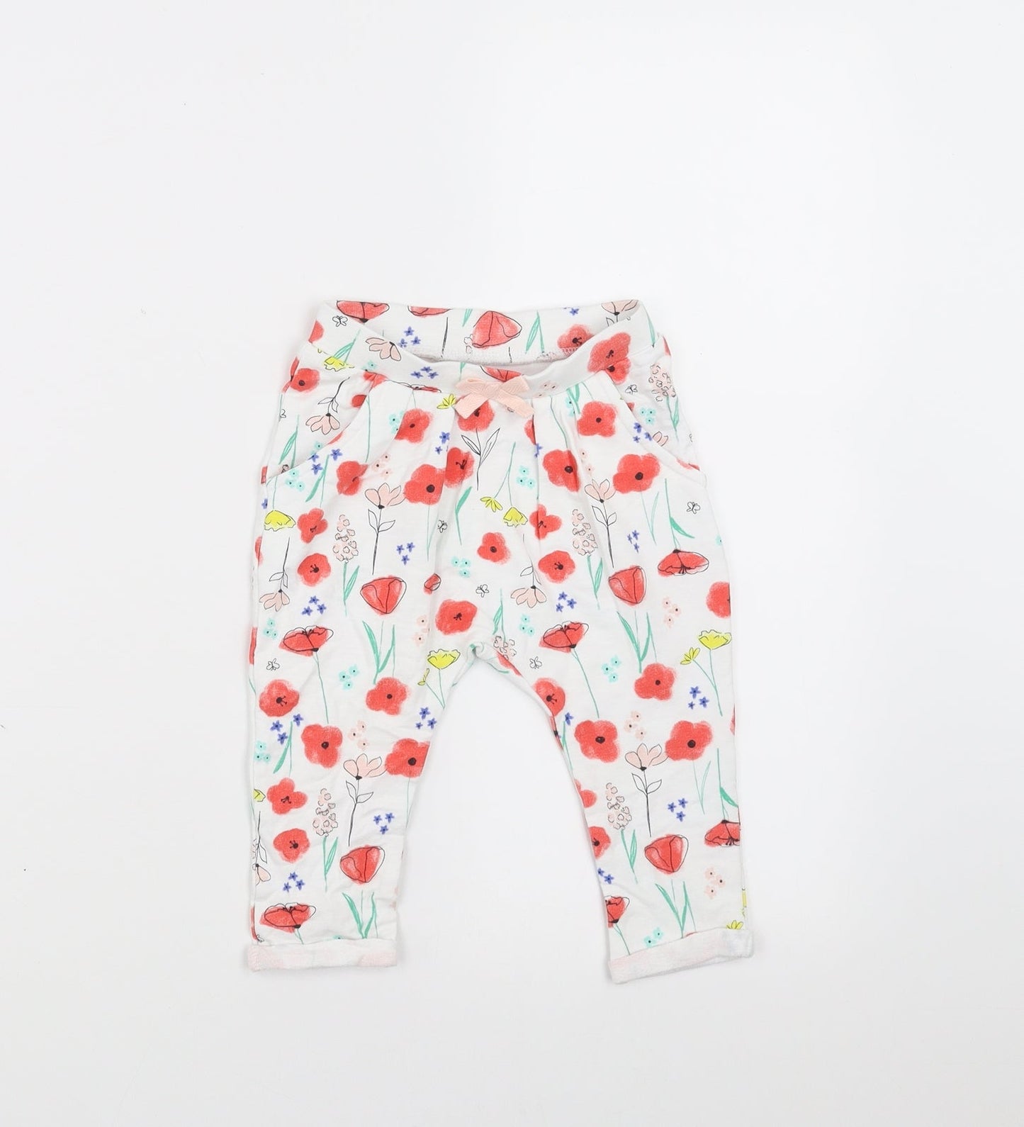Nutmeg Girls White Floral  Jogger Trousers Size 6-9 Months