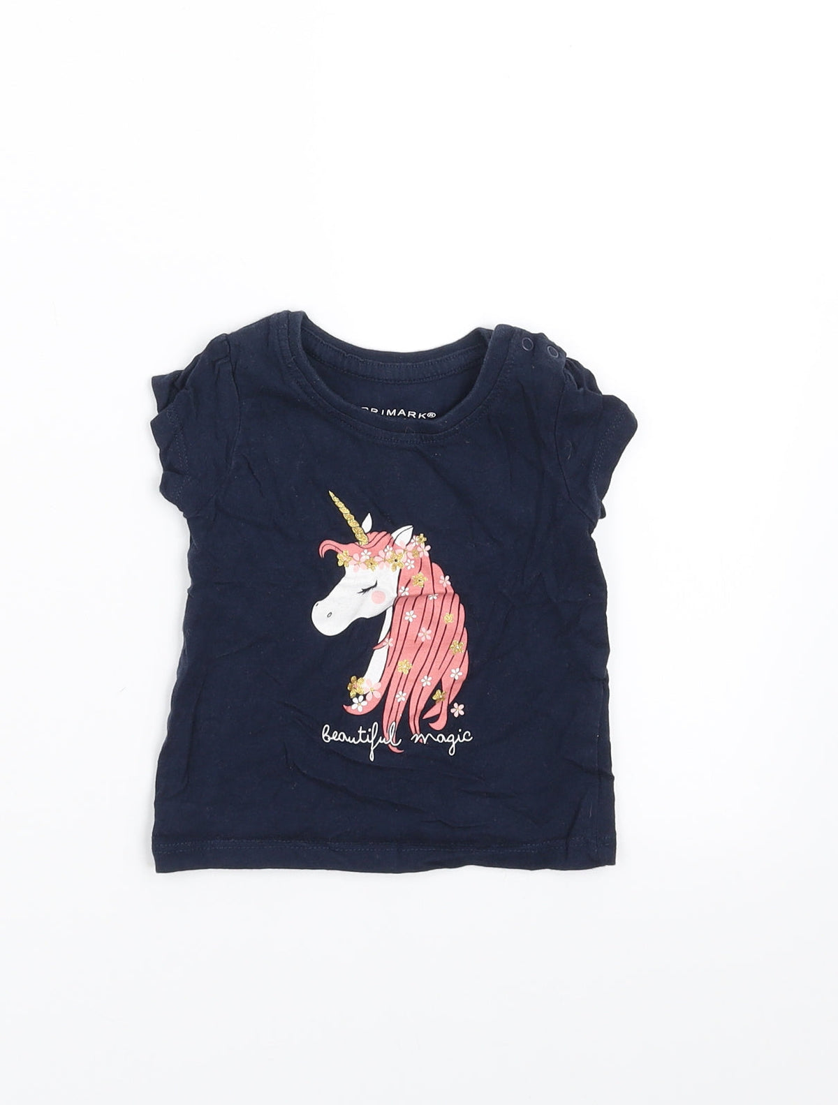 Additional front view of Primark girls’ blue basic t-shirt, size 6-9, months - unicorn