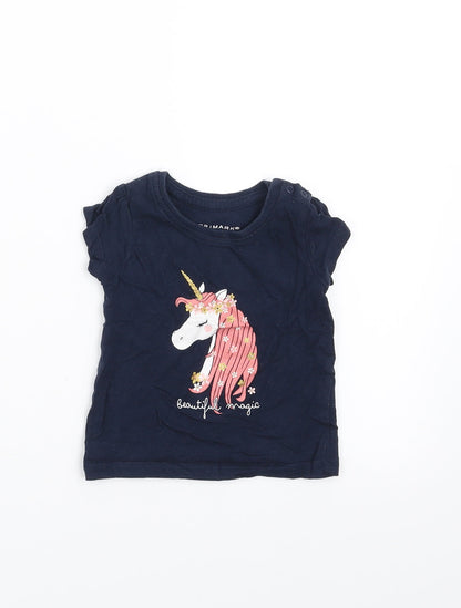 Additional front view of Primark girls’ blue basic t-shirt, size 6-9, months - unicorn