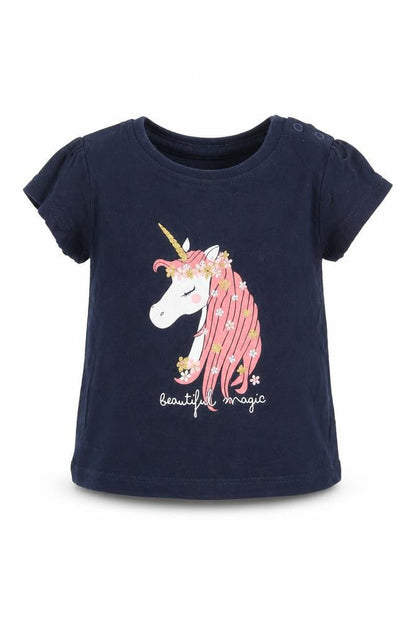 Front view of Primark girls’ blue basic t-shirt, size 6-9, months - unicorn