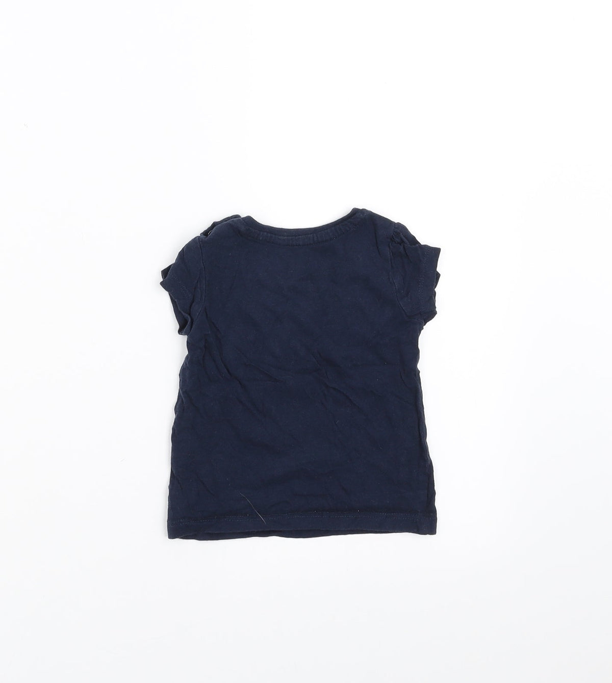 Back view of Primark girls’ blue basic t-shirt, size 6-9, months - unicorn