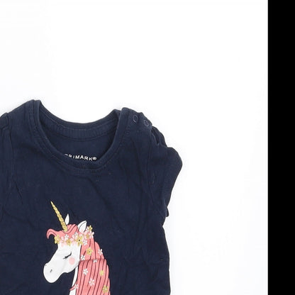 Close-up detail of Primark girls’ blue basic t-shirt, size 6-9, months - unicorn
