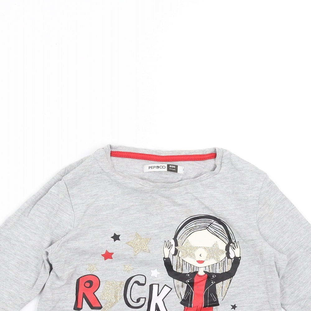 Pep&Co Girls Grey   Basic T-Shirt Size 3-4 Years  - rock star