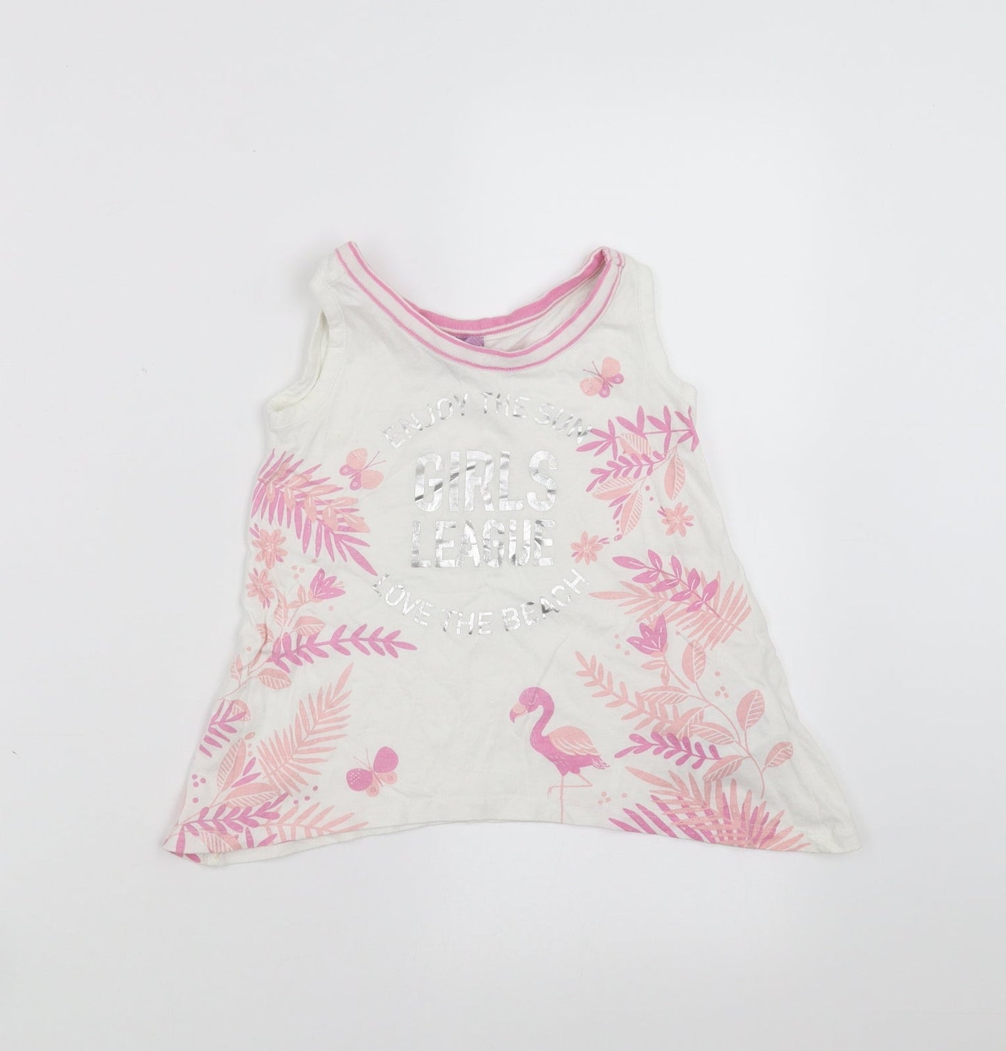 Dopo Dopo Girls White Floral  Basic Tank Size 2-3 Years  - flamingo