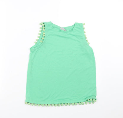 Matalan Girls Green   Basic Tank Size 11 Years  - pom pom detail
