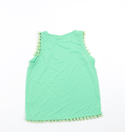 Matalan Girls Green   Basic Tank Size 11 Years  - pom pom detail