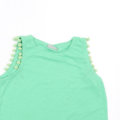 Matalan Girls Green   Basic Tank Size 11 Years  - pom pom detail