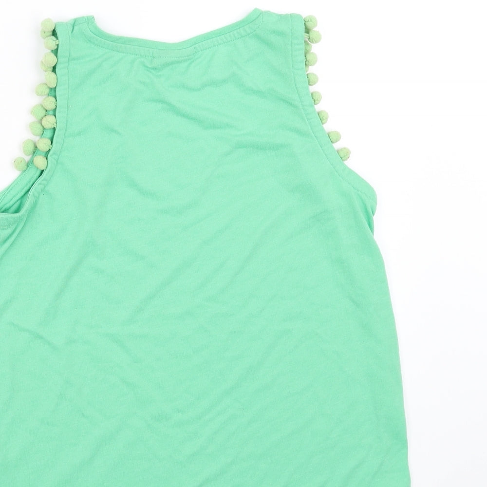 Matalan Girls Green   Basic Tank Size 11 Years  - pom pom detail