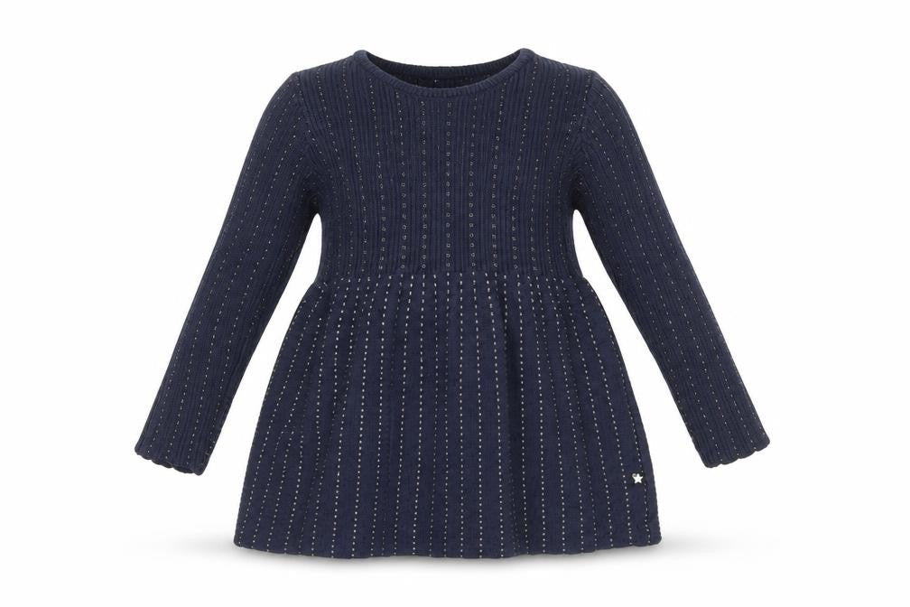 Front view of molo girls’ blue fit & flare, size 9-12, months