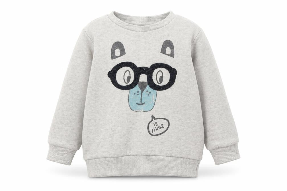 Front view of Babaluno boys’ grey animal print jumper, size 12-18, months