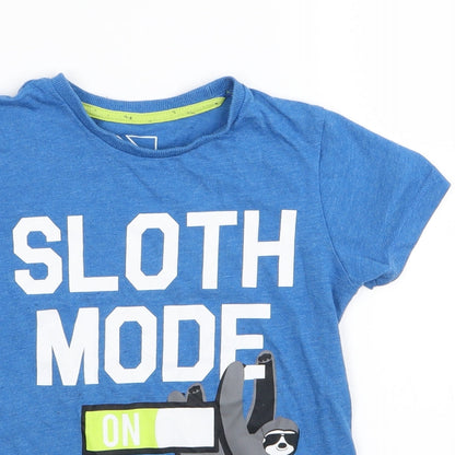 Close-up detail of urban dept boys’ blue basic t-shirt, size 7, years