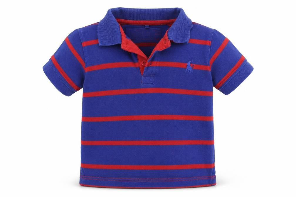 Front view of Rebel boys’ blue striped basic polo, size 2-3, years