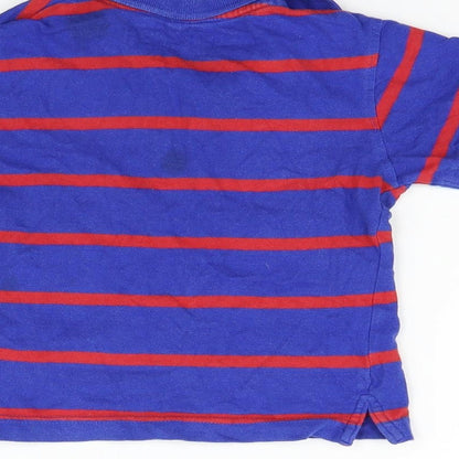 Brand and care label for Rebel boys’ blue striped basic polo, size 2-3, years