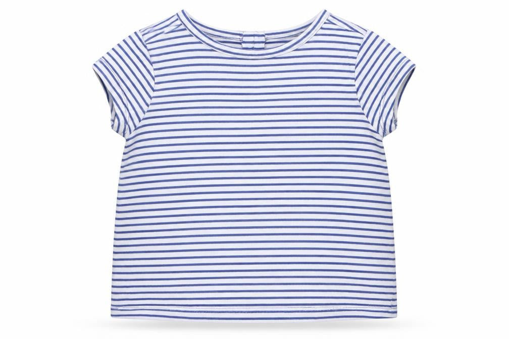 Front view of John Lewis girls’ blue striped basic t-shirt, size 0-3, months