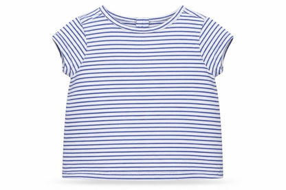 Front view of John Lewis girls’ blue striped basic t-shirt, size 0-3, months