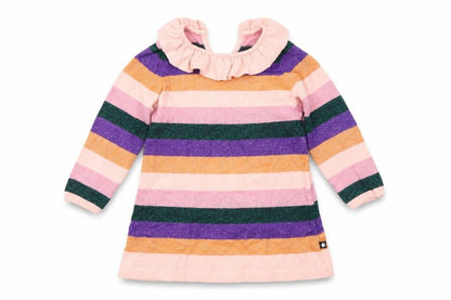 Front view of molo girls’ multicoloured striped knit a-line, size 9-12, months