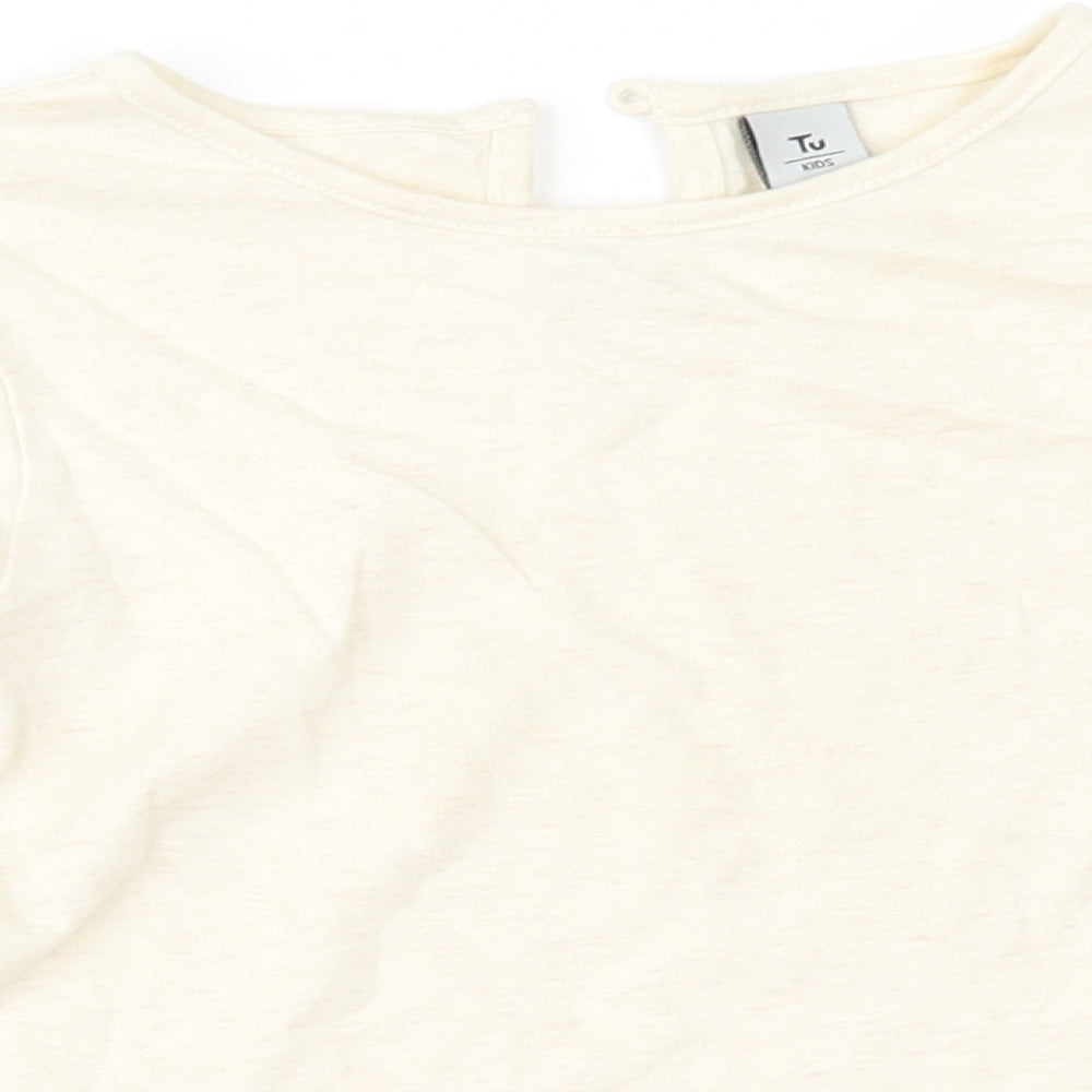 Close-up detail of Tu girls’ beige basic t-shirt, size 2-3, years