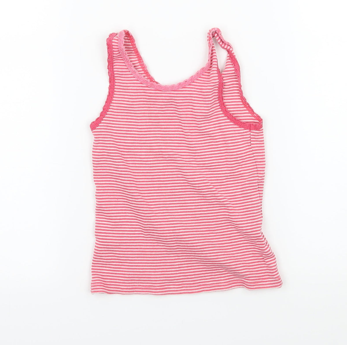 Front view of Matalan girls’ pink striped jersey basic tank, size 4-5, years
