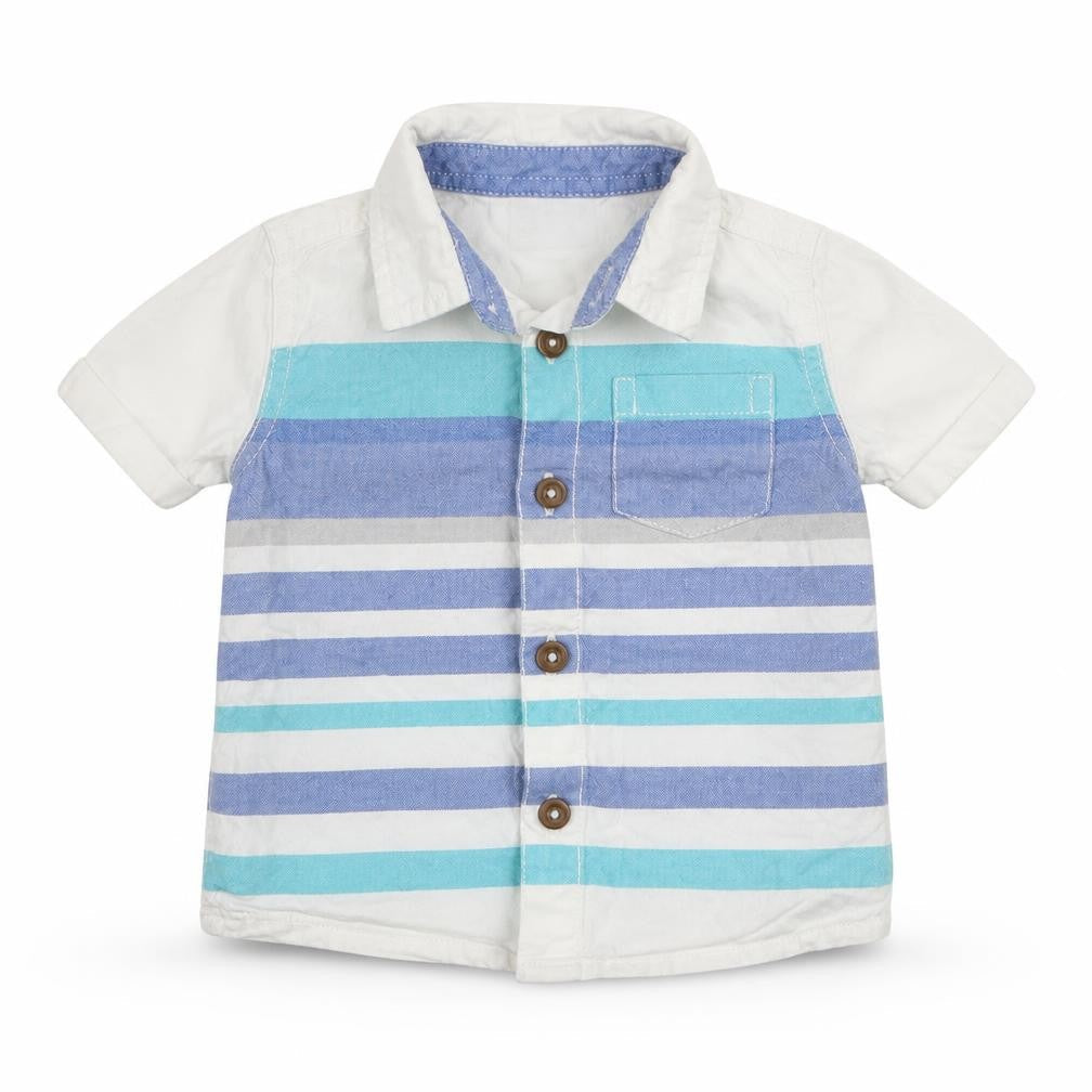 Front view of F&F boys’ white striped basic button-up, size 3-6, months