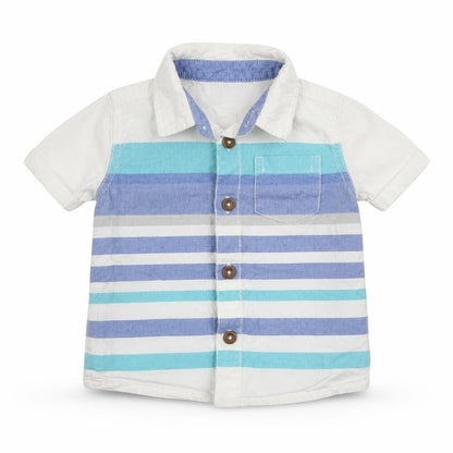 Front view of F&F boys’ white striped basic button-up, size 3-6, months
