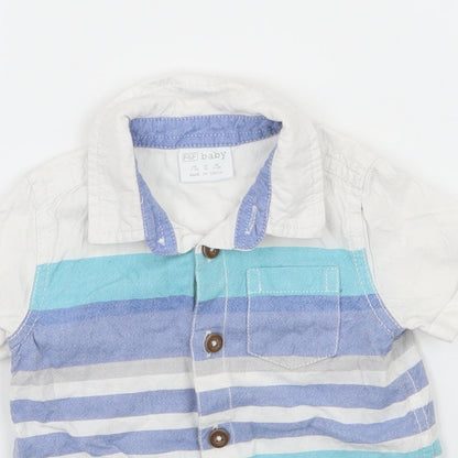 Close-up detail of F&F boys’ white striped basic button-up, size 3-6, months