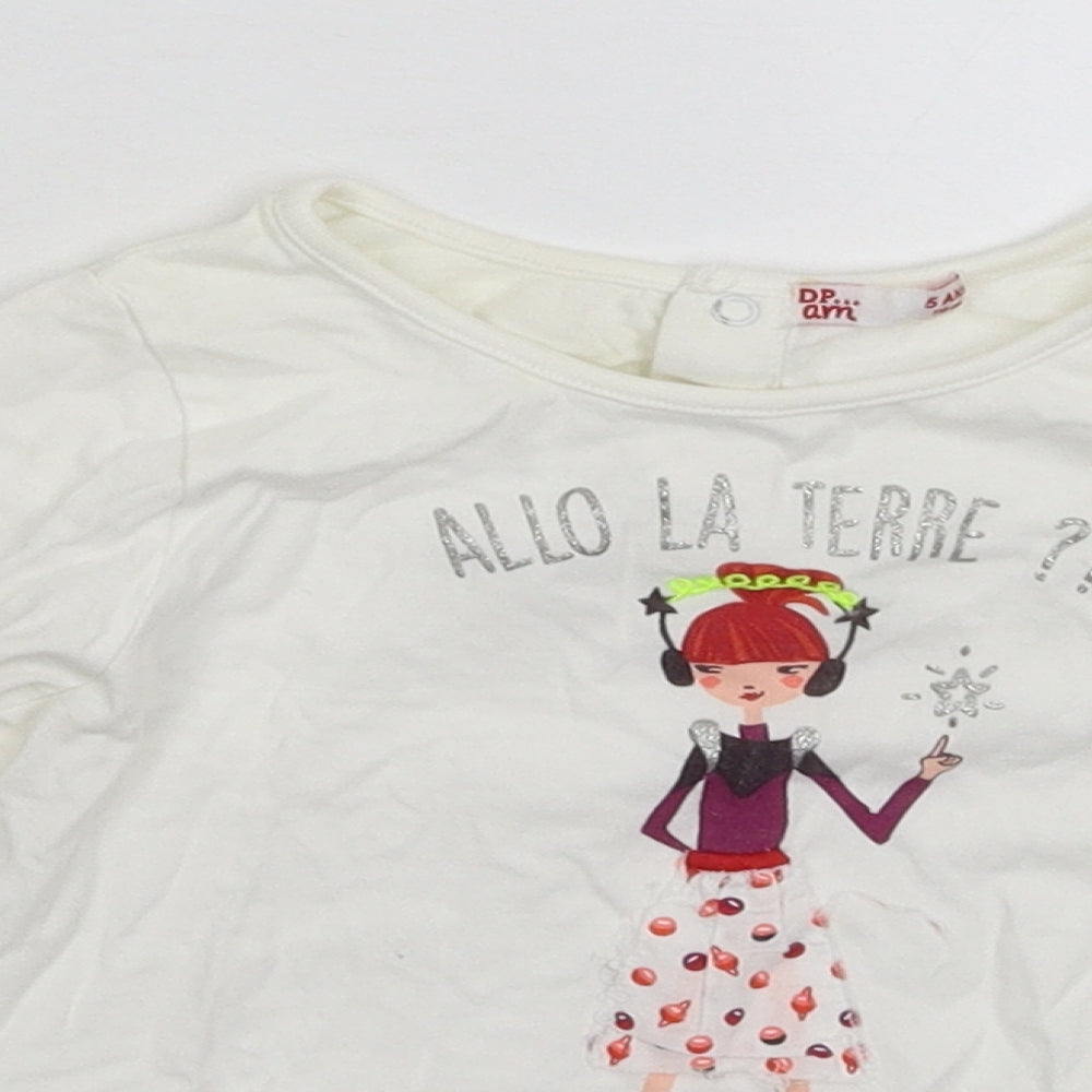 Close-up detail of DP... am girls’ white basic t-shirt, size 5, years