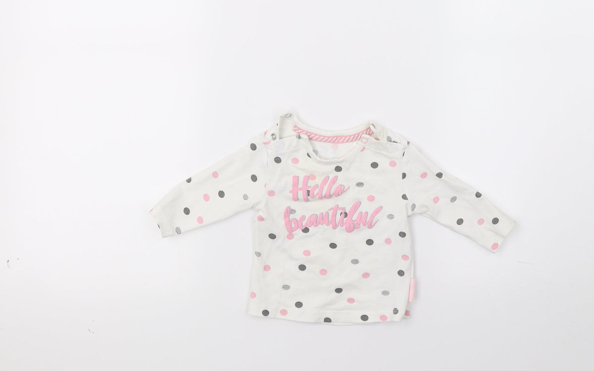 Additional front view of Quapi girls’ white polka dot jumper, size 0-3, months - hello beautiful