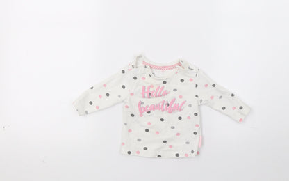 Additional front view of Quapi girls’ white polka dot jumper, size 0-3, months - hello beautiful