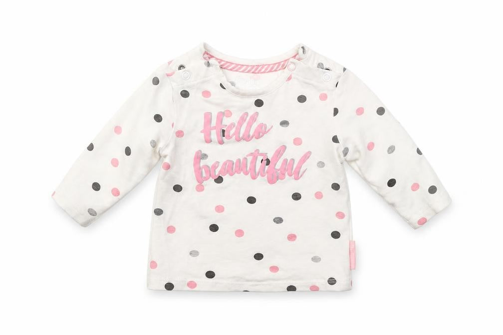 Front view of Quapi girls’ white polka dot jumper, size 0-3, months - hello beautiful
