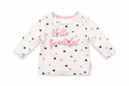 Front view of Quapi girls’ white polka dot jumper, size 0-3, months - hello beautiful