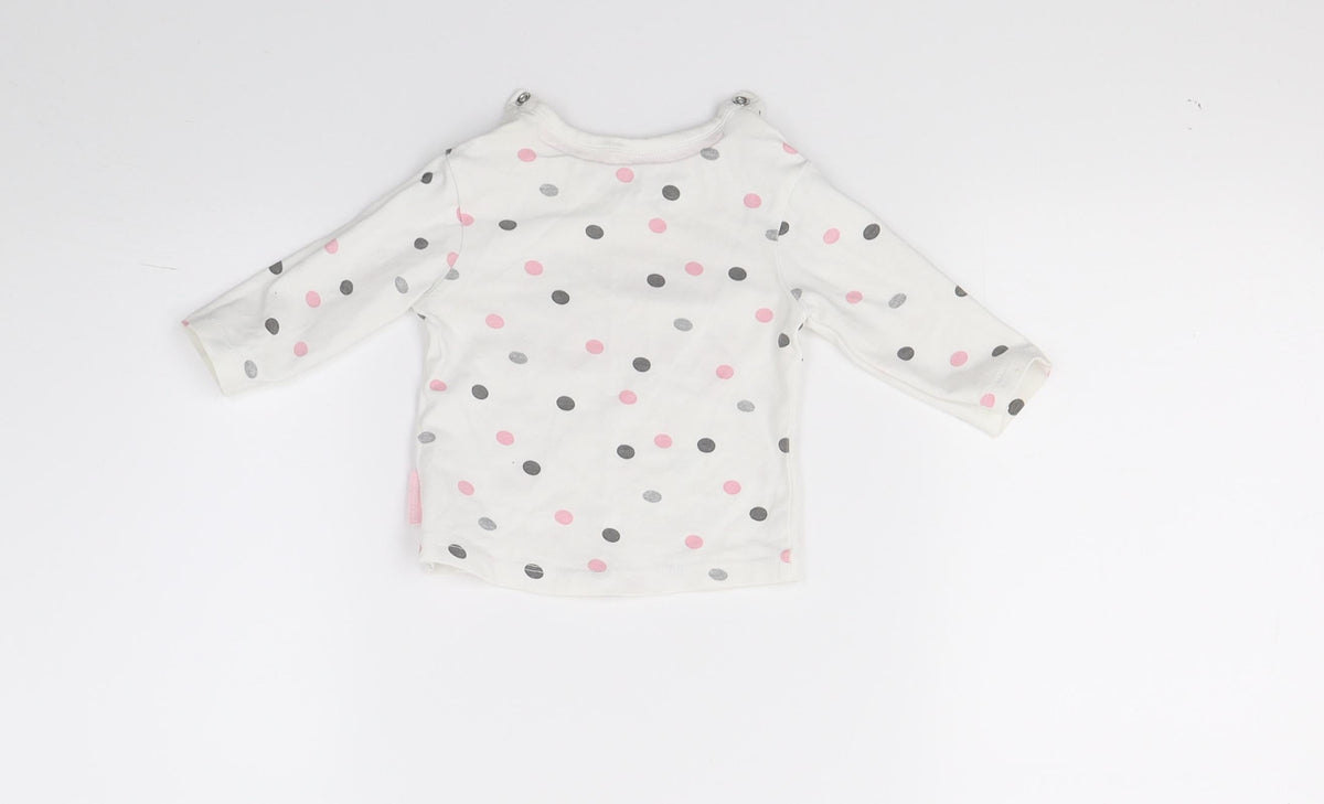 Back view of Quapi girls’ white polka dot jumper, size 0-3, months - hello beautiful