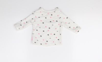 Back view of Quapi girls’ white polka dot jumper, size 0-3, months - hello beautiful