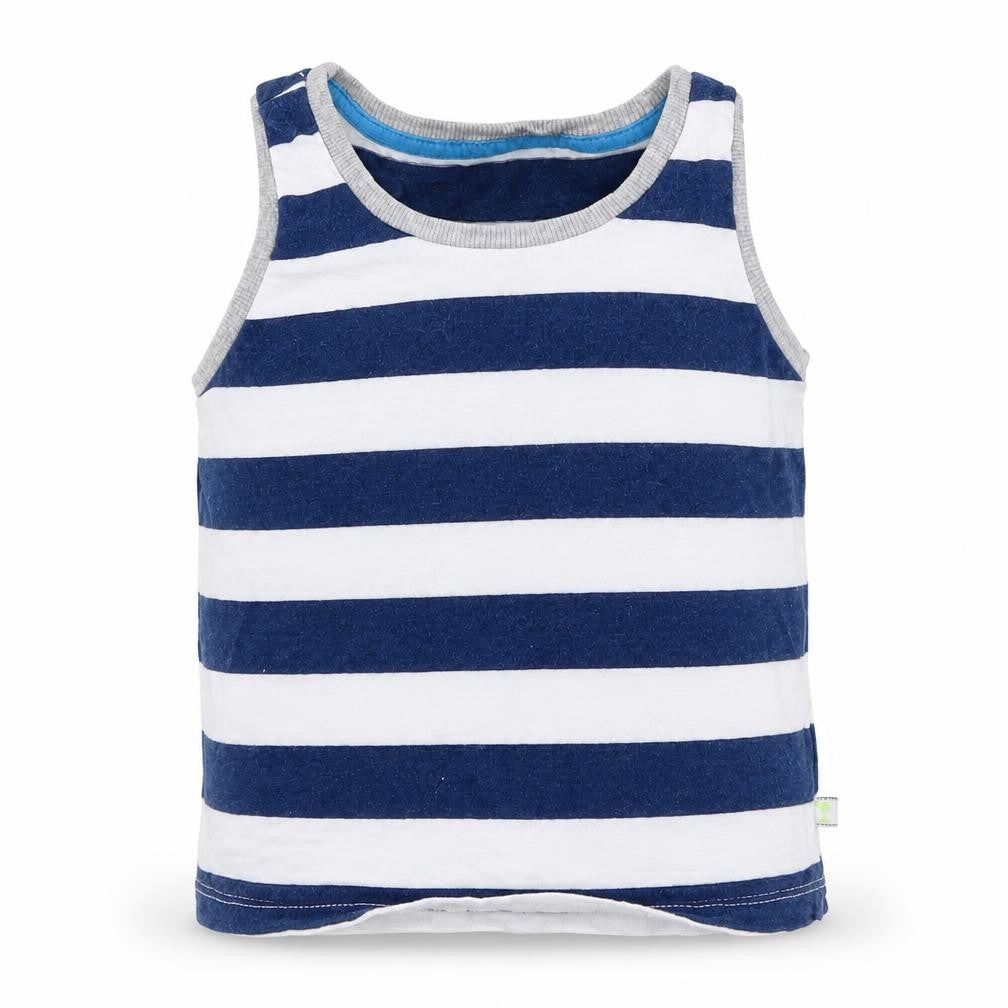 Front view of Matalan Baby Blue Striped Basic Tank, size 9-12, Months