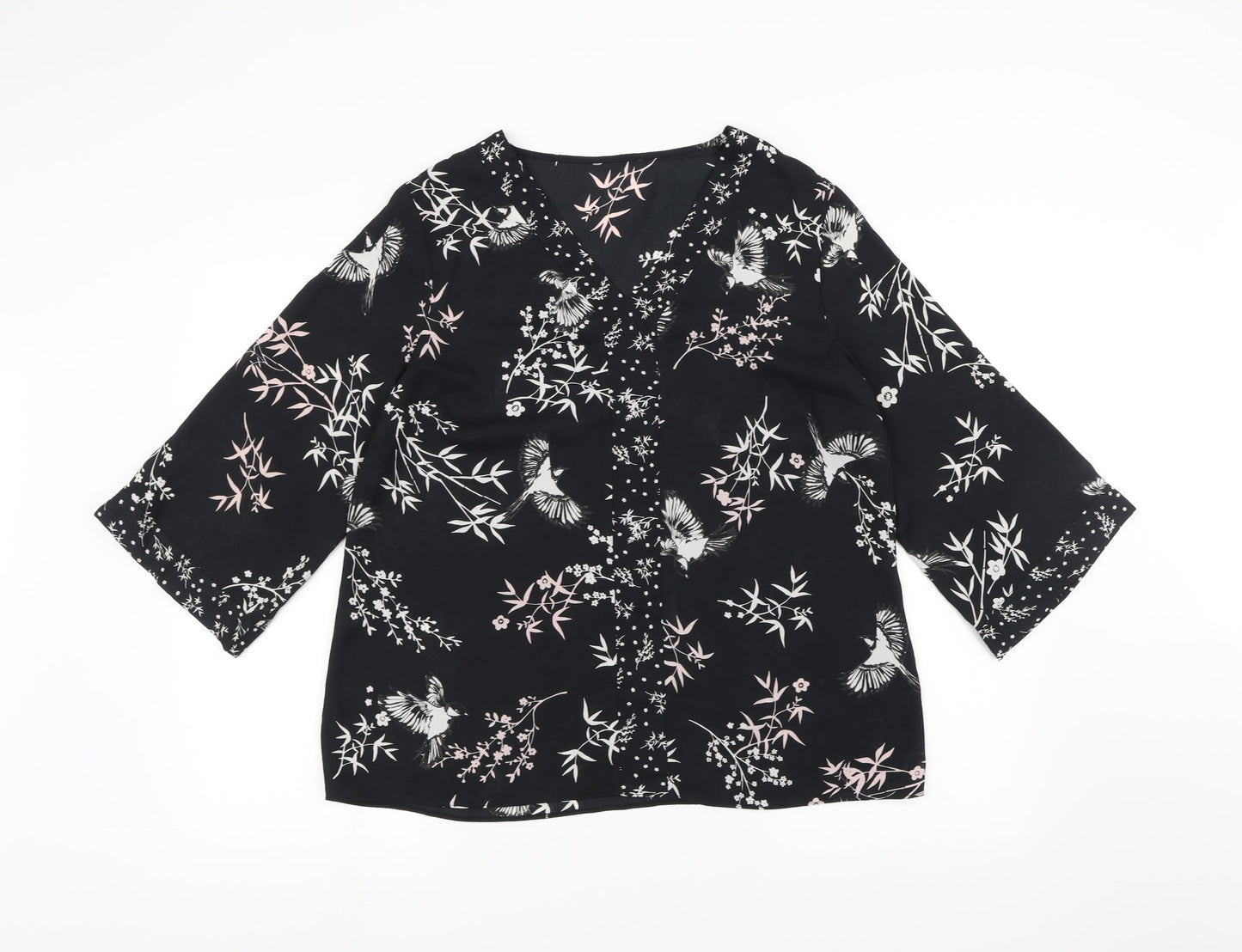 Preworn Womens Black Floral  Basic T-Shirt Size 14