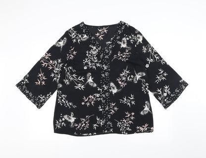 Preworn Womens Black Floral  Basic T-Shirt Size 14