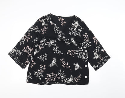 Preworn Womens Black Floral  Basic T-Shirt Size 14