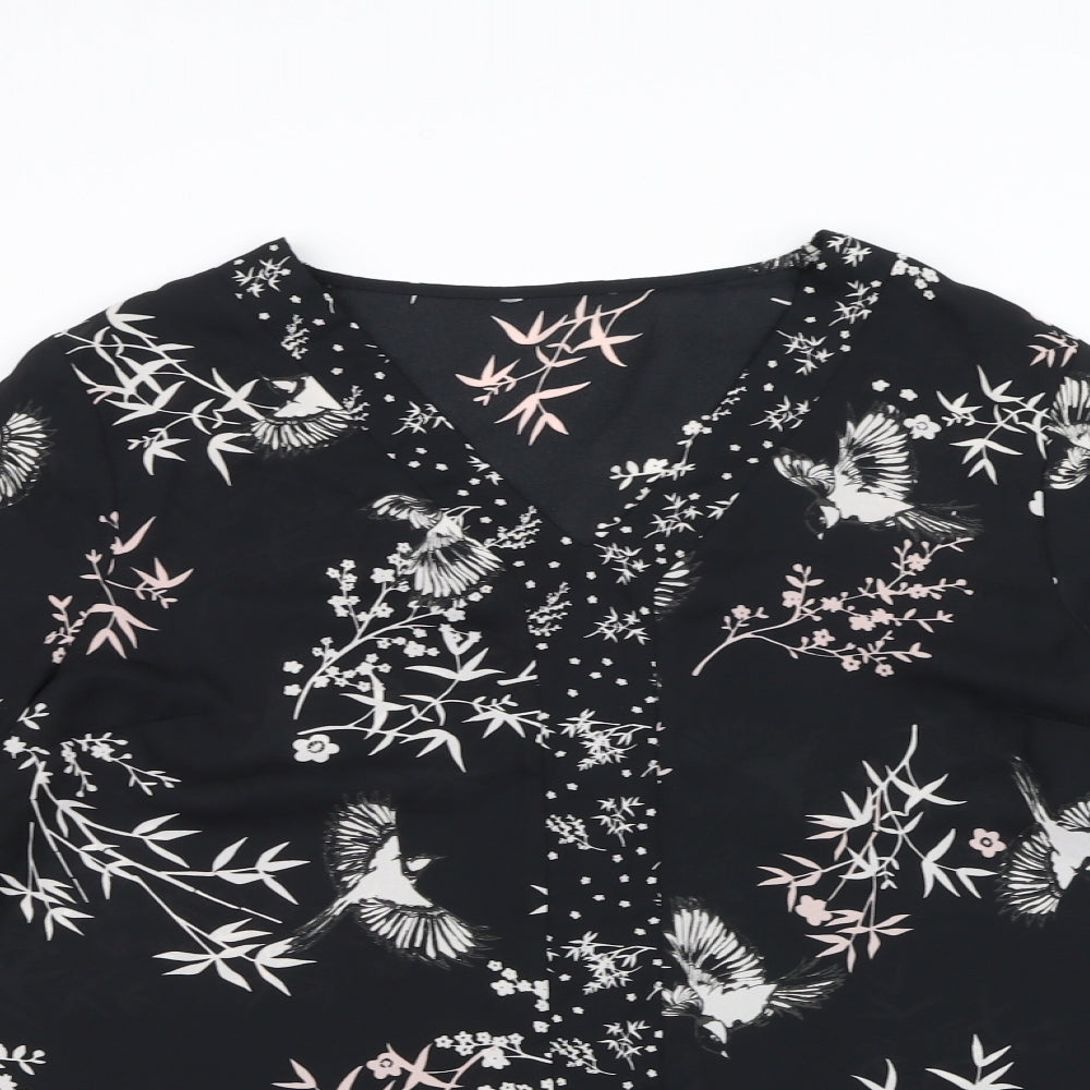 Preworn Womens Black Floral  Basic T-Shirt Size 14
