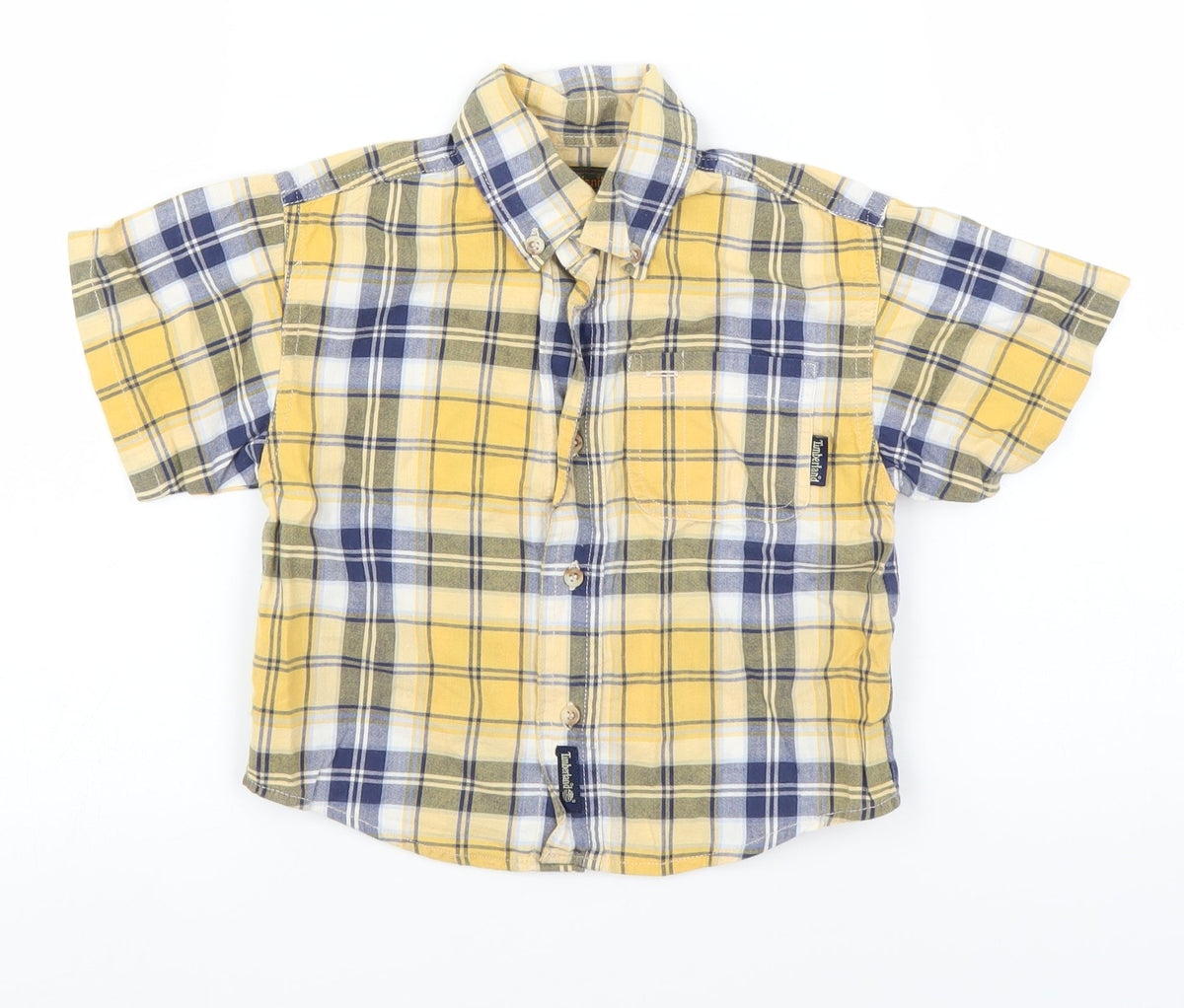 Additional front view of Timberland boys’ yellow plaid basic button-up, size 18-24, months