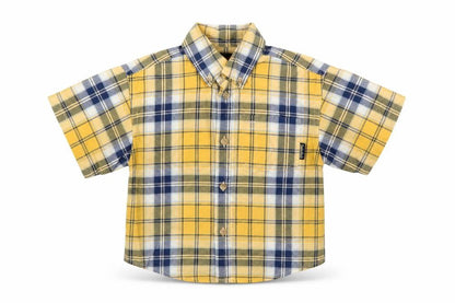 Front view of Timberland boys’ yellow plaid basic button-up, size 18-24, months