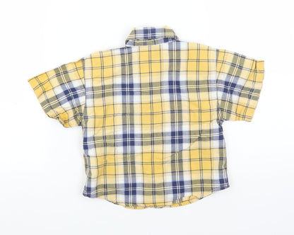Back view of Timberland boys’ yellow plaid basic button-up, size 18-24, months