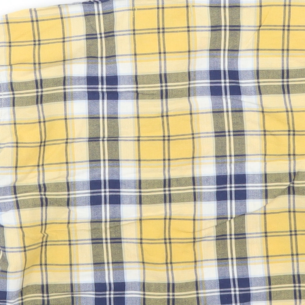 Brand and care label for Timberland boys’ yellow plaid basic button-up, size 18-24, months