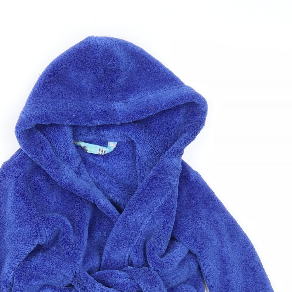 Close-up detail of Early Days boys’ blue solid capri robe, size 6-9, months